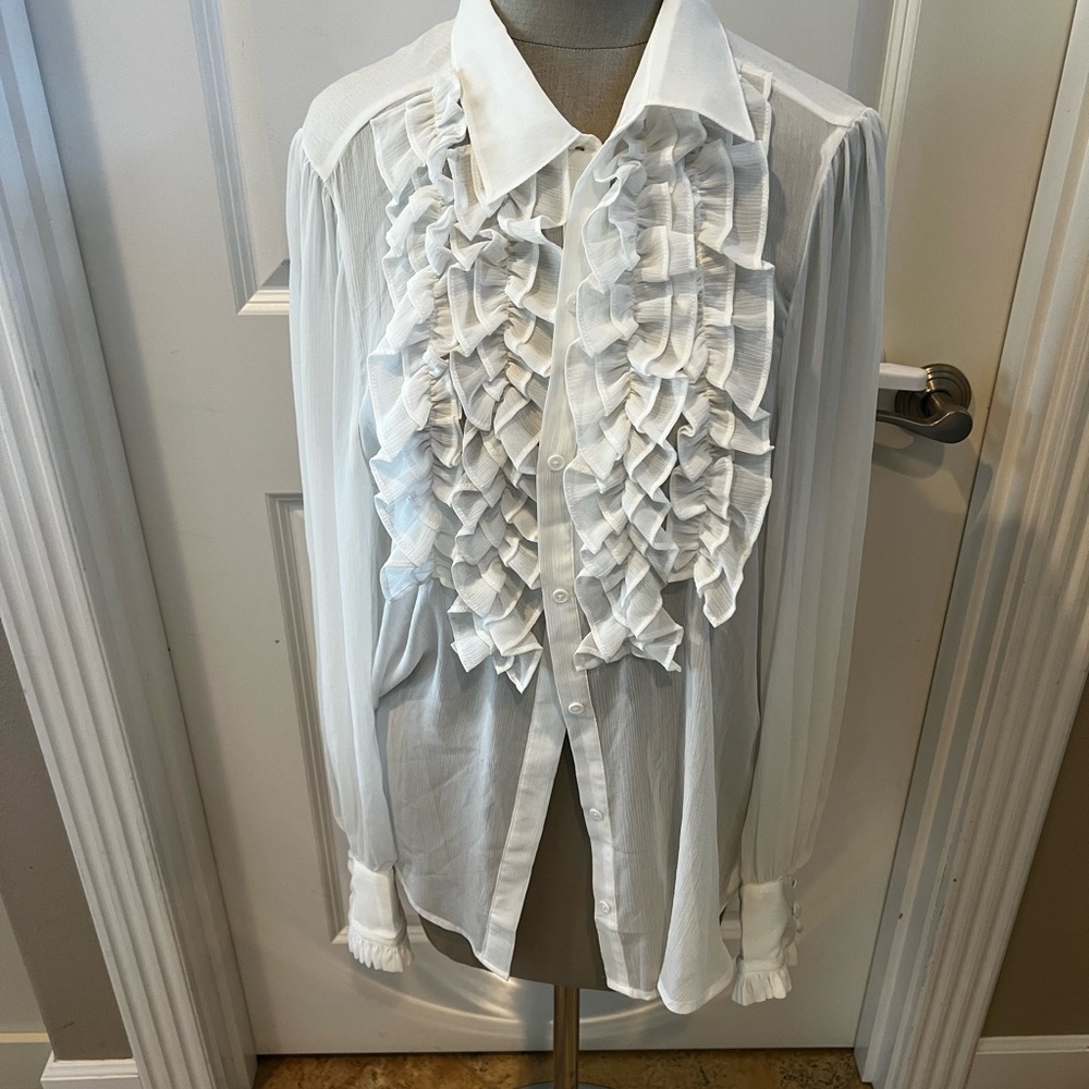 White Ruffled Button-Up Blouse